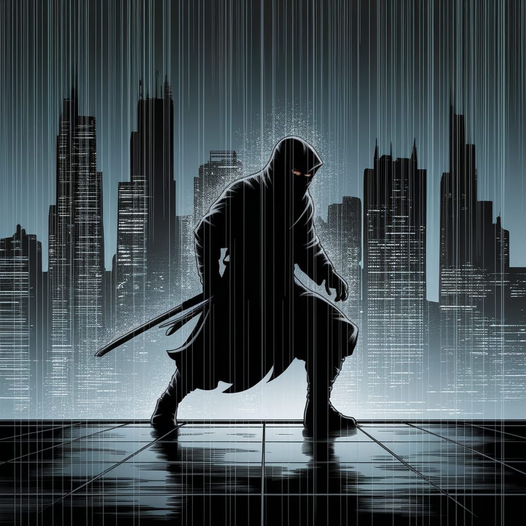 Ninja on Rainy Skyscraper Rooftop in Neon City