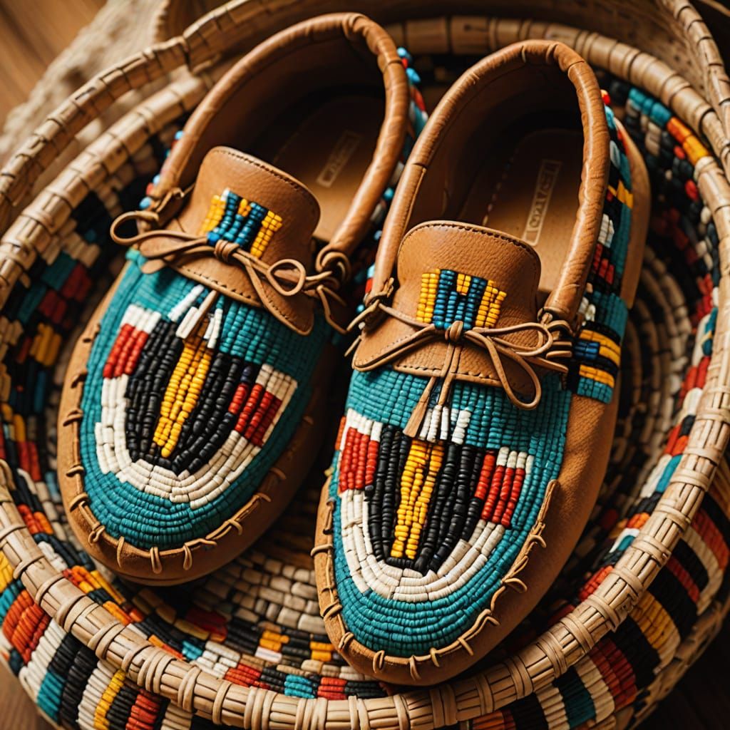 Beaded Native American Moccasins on Woven Basket