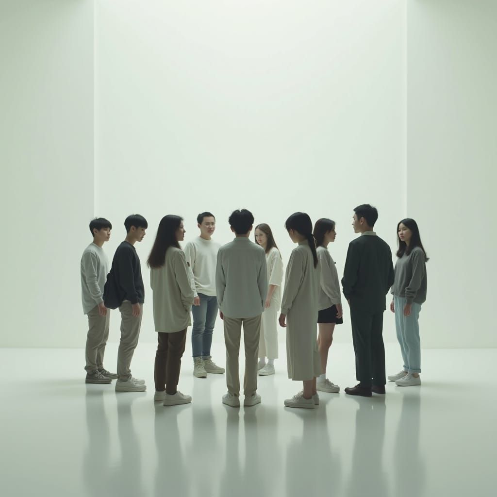People in White Room with Minimalist Style