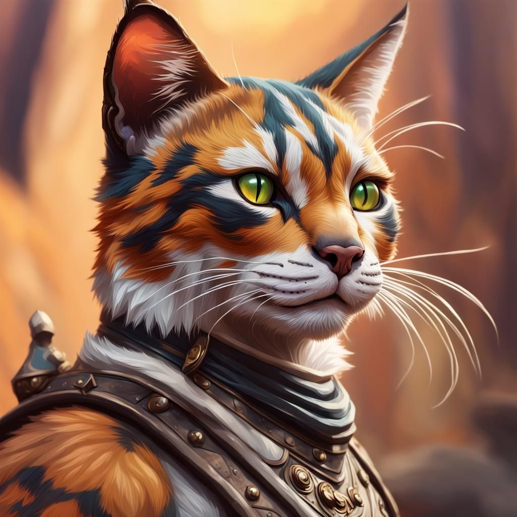 Hyperrealistic Calico Tabaxi in Splash Art Style