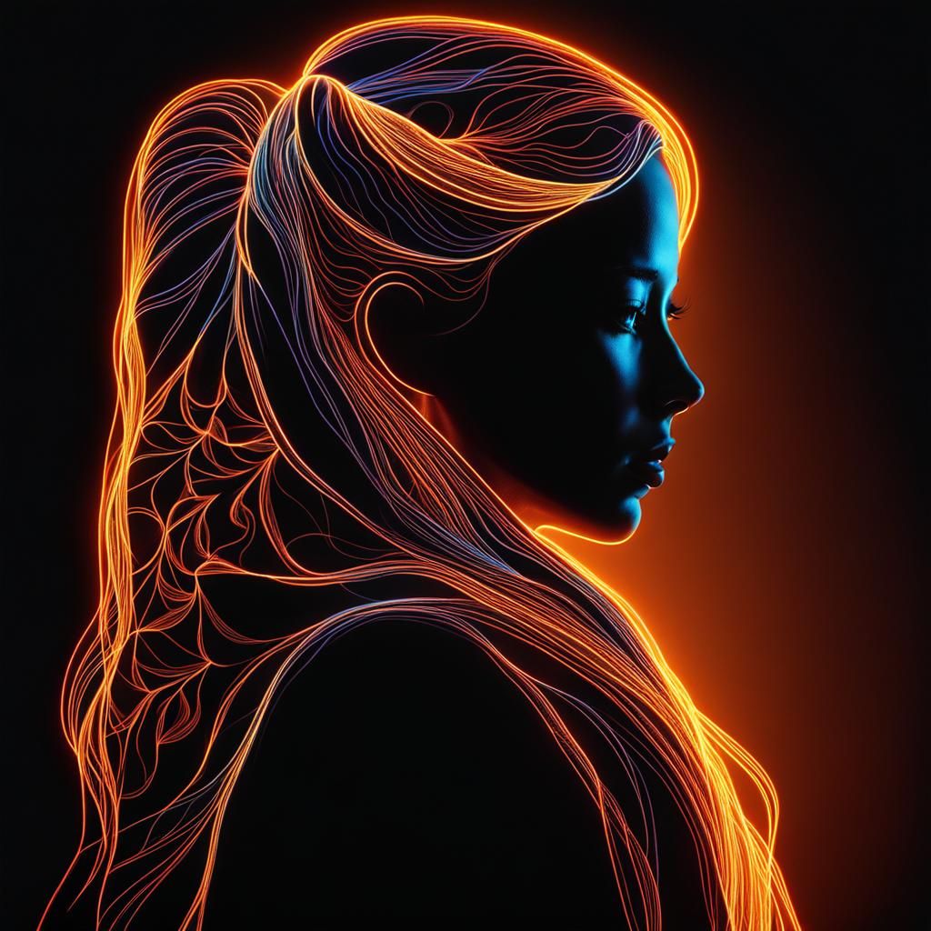Neon Fractal Silhouette Portrait with Embroidery