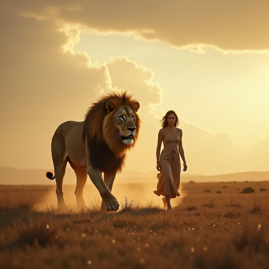 Lion and Woman in Epic Cinematic Landscape