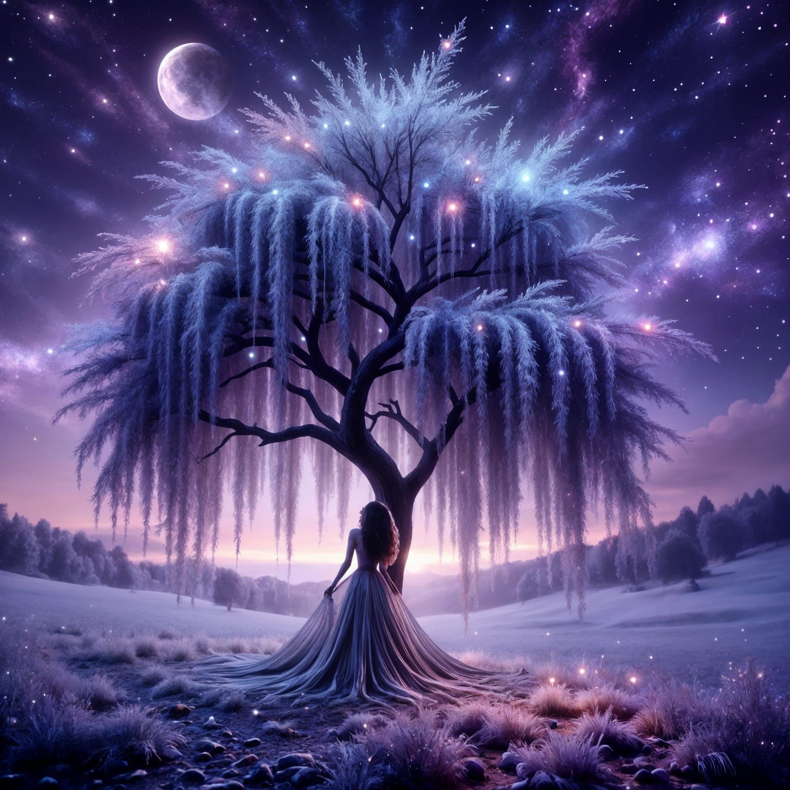Surreal Enchanted Woman Embracing Luminous Weeping Willow