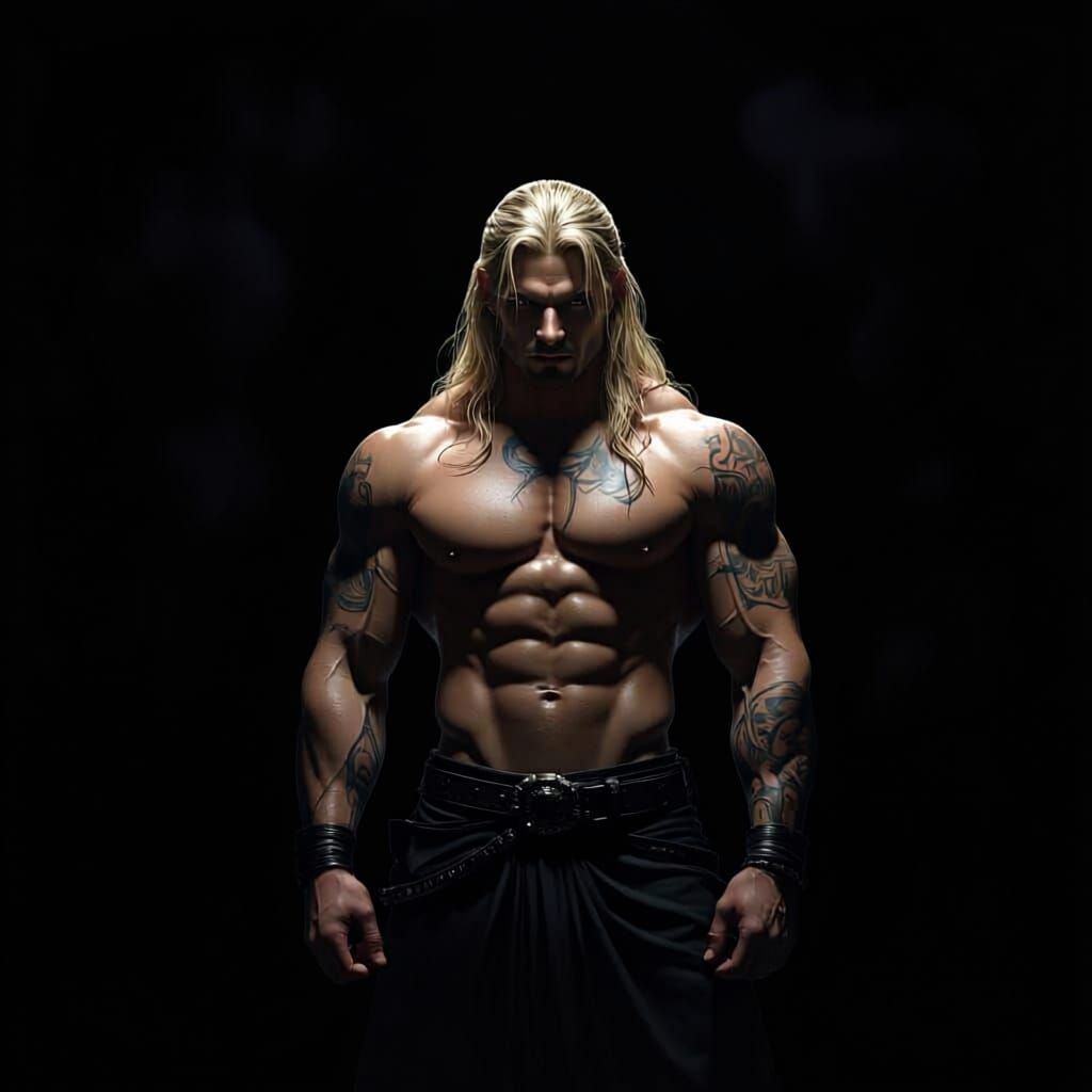Muscular Tattooed Man With Swirling Shadows
