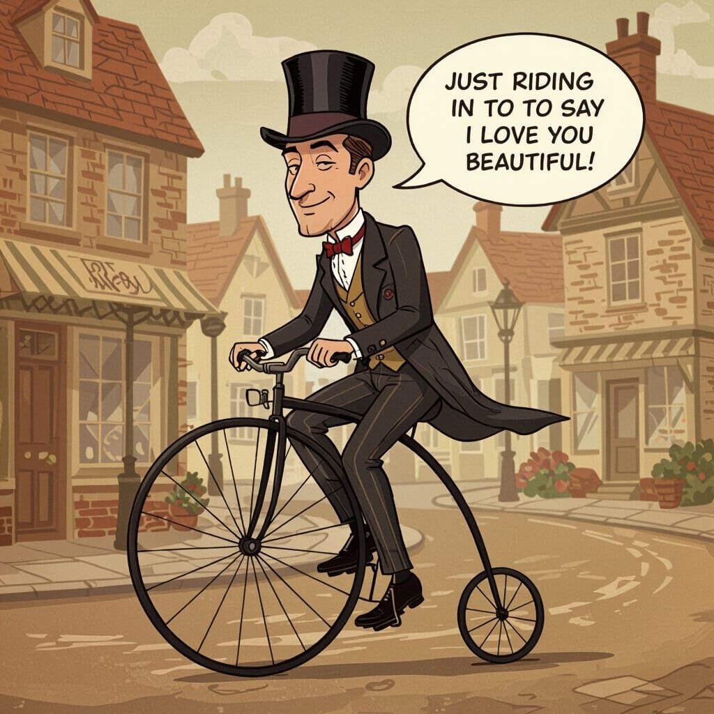 Sepia Cartoon of Man on Penny-Farthing Bicycle