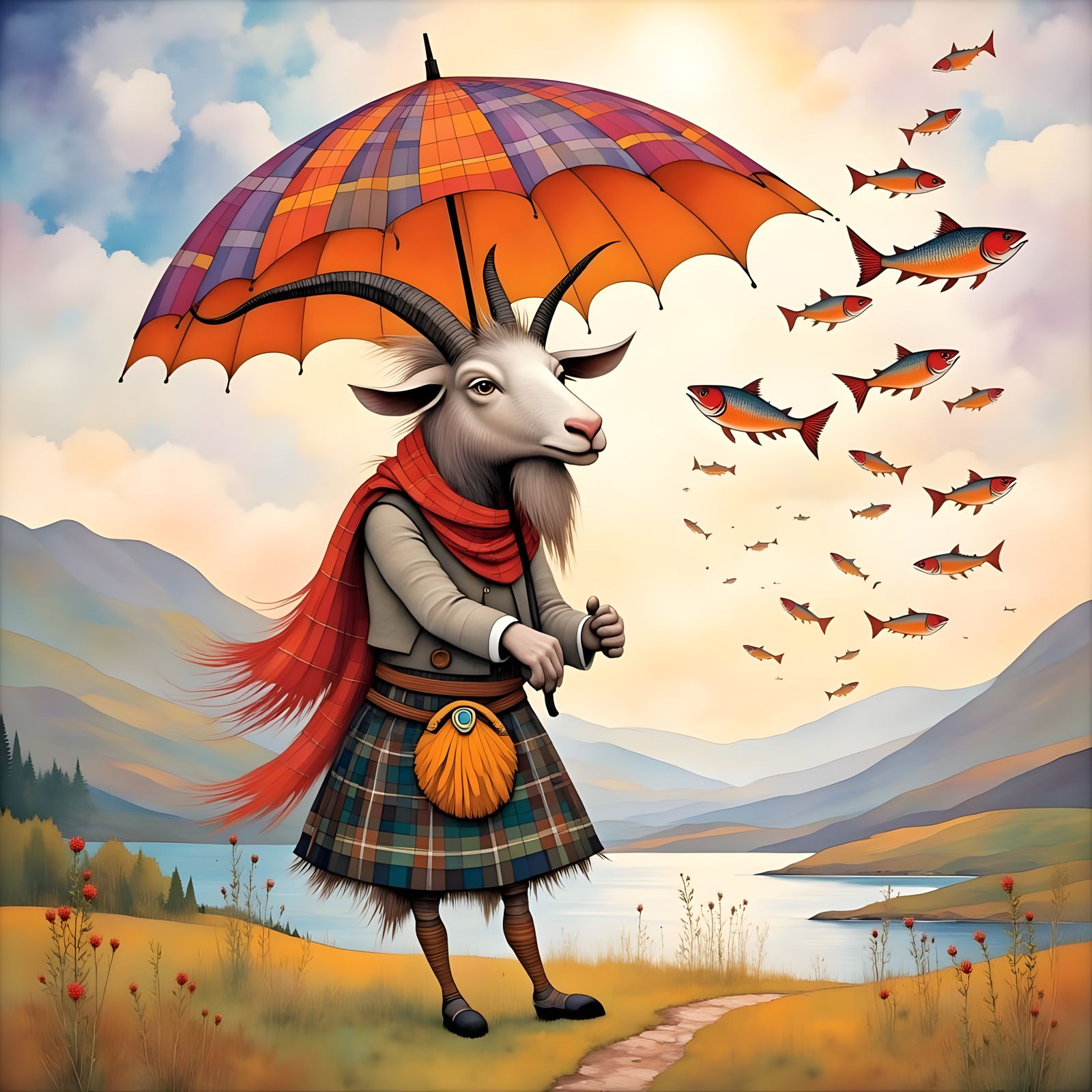 Scottish Goat in the Highlands, Amidst a Bizarre Salmon Rain