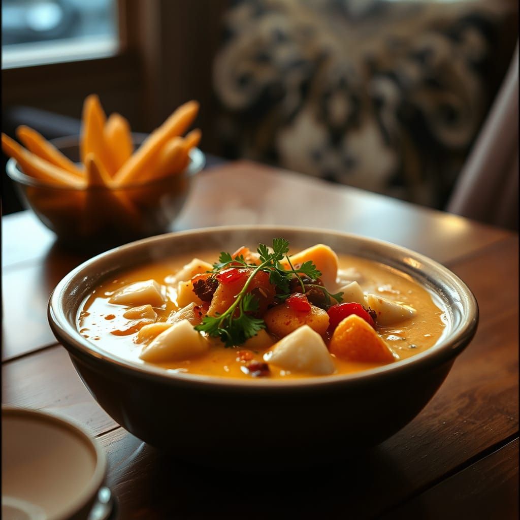 Epic Seafood Chowder in a Cinematic Still