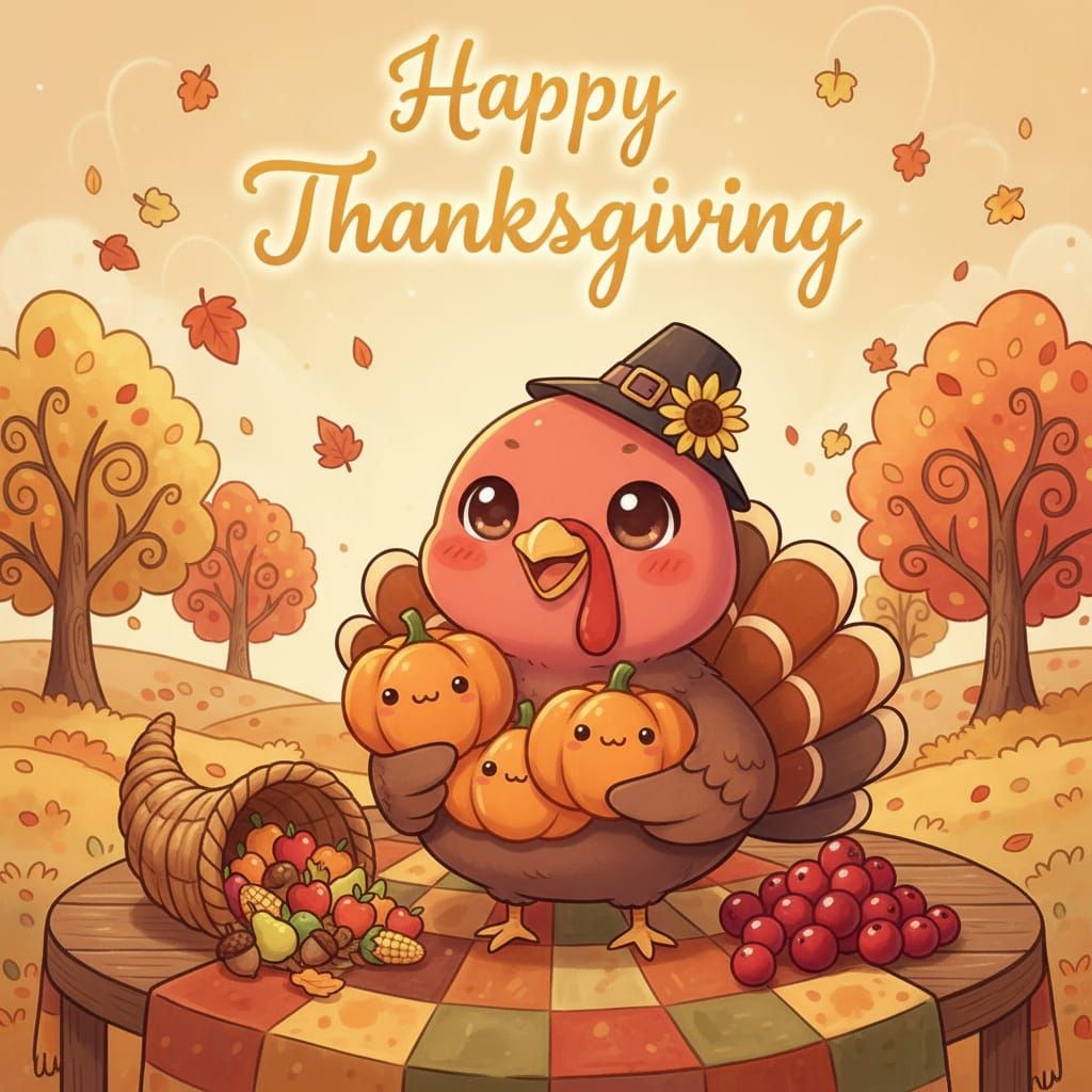 Cute Chibi Turkey With Pumpkins, Happy Thanksgiving Art