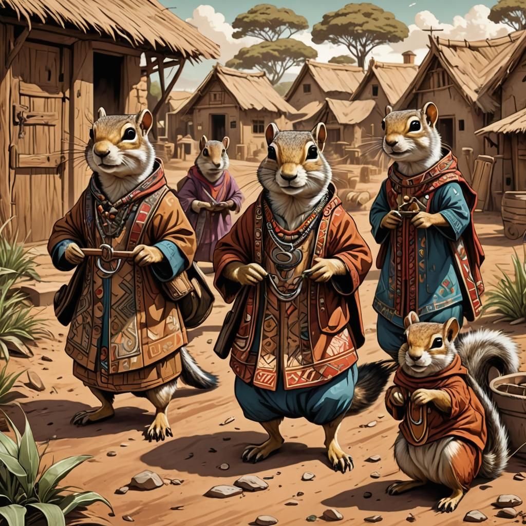 African Squirrels in South African Village, Cartoon Style
