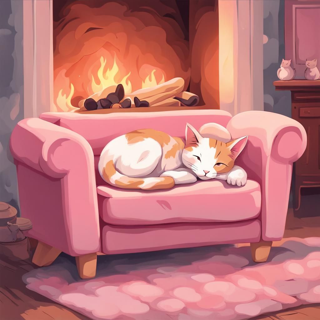 Baby Girl and Calico Cat Napping by Fireplace