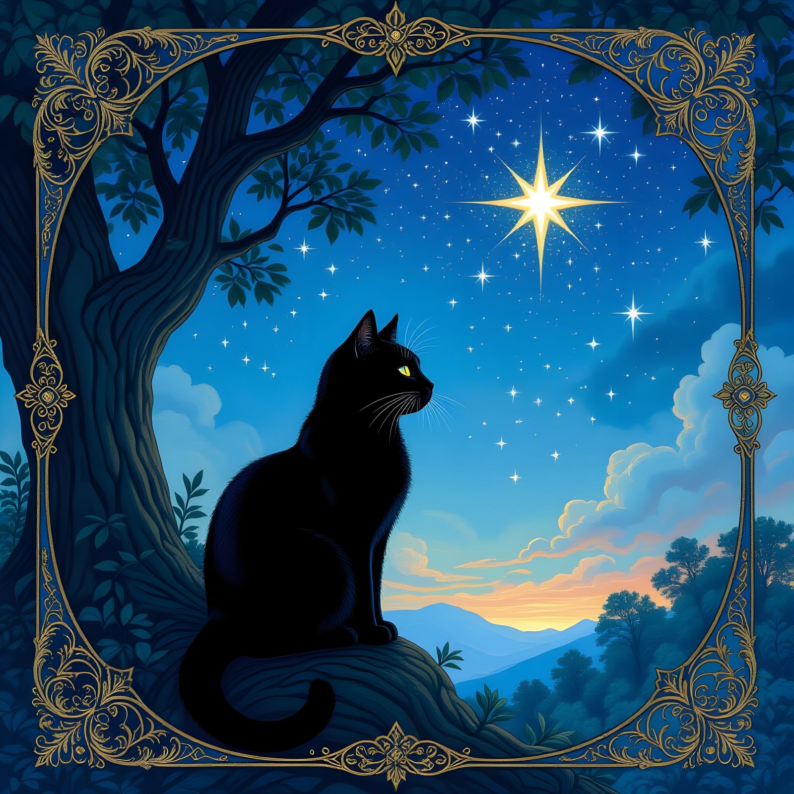 Black Cat Under Starry Sky in Rococo Style