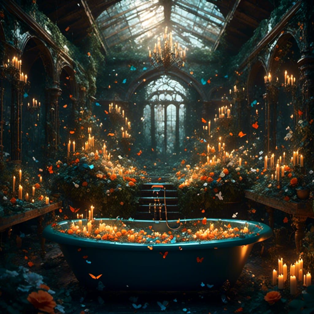 Floral Bathtub Fantasy in Greenhouse Setting