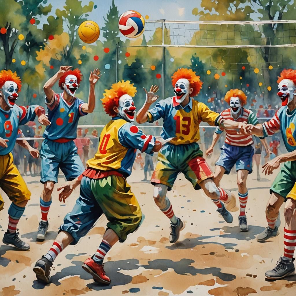 Clowns Play Volleyball in Gouache Impressionist Style