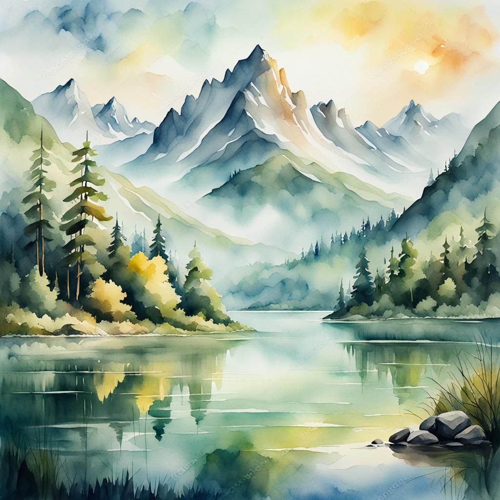 Watercolor Landscape Painting of Serene Mountain Lake