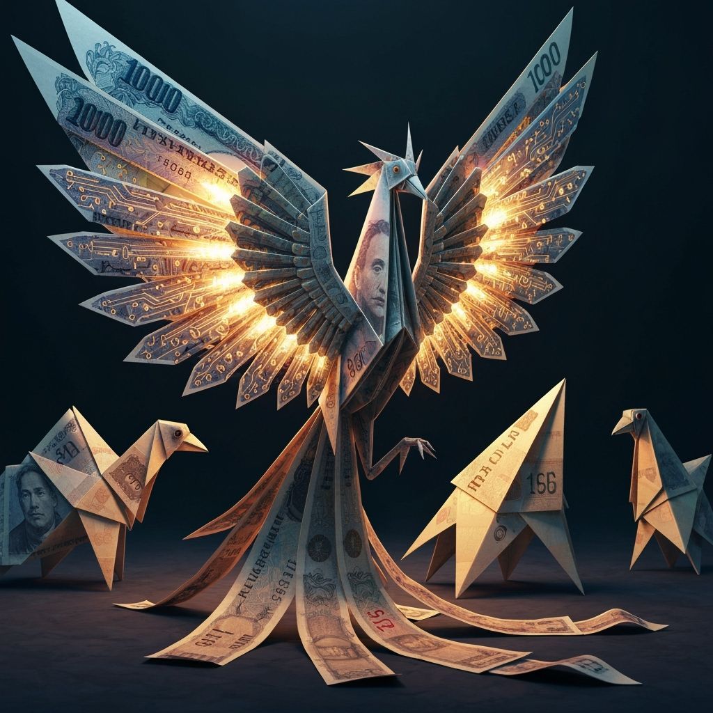 Biopunk Phoenix Origami from Currency in Hyperrealistic Styl...