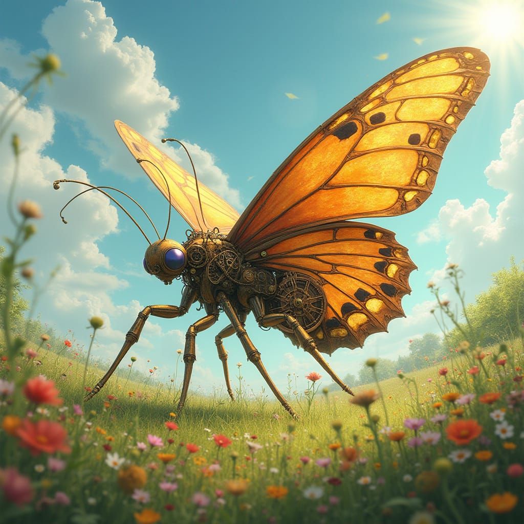 Mechanical Butterfly in Meadow, Hyperrealistic Steampunk Sty...