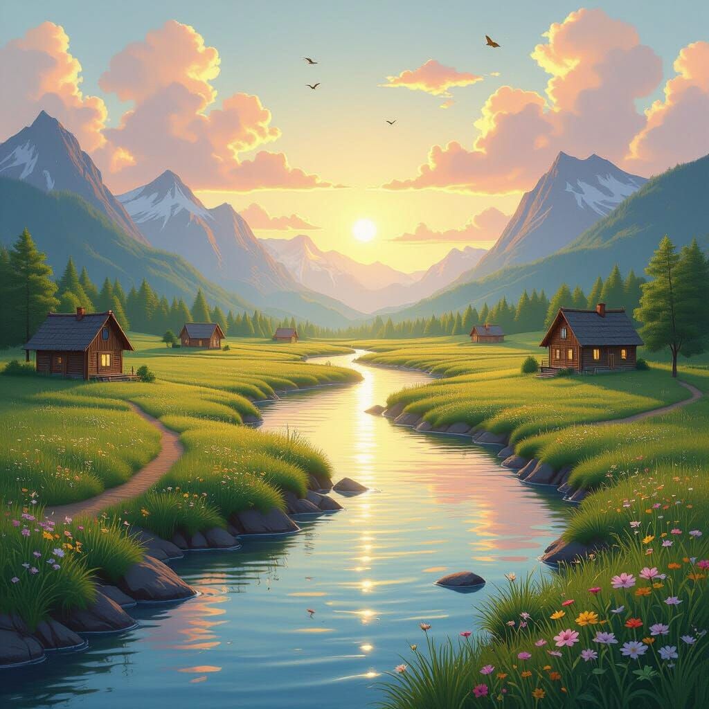 Dreamy Sunrise Landscape with Cottages and Mountains