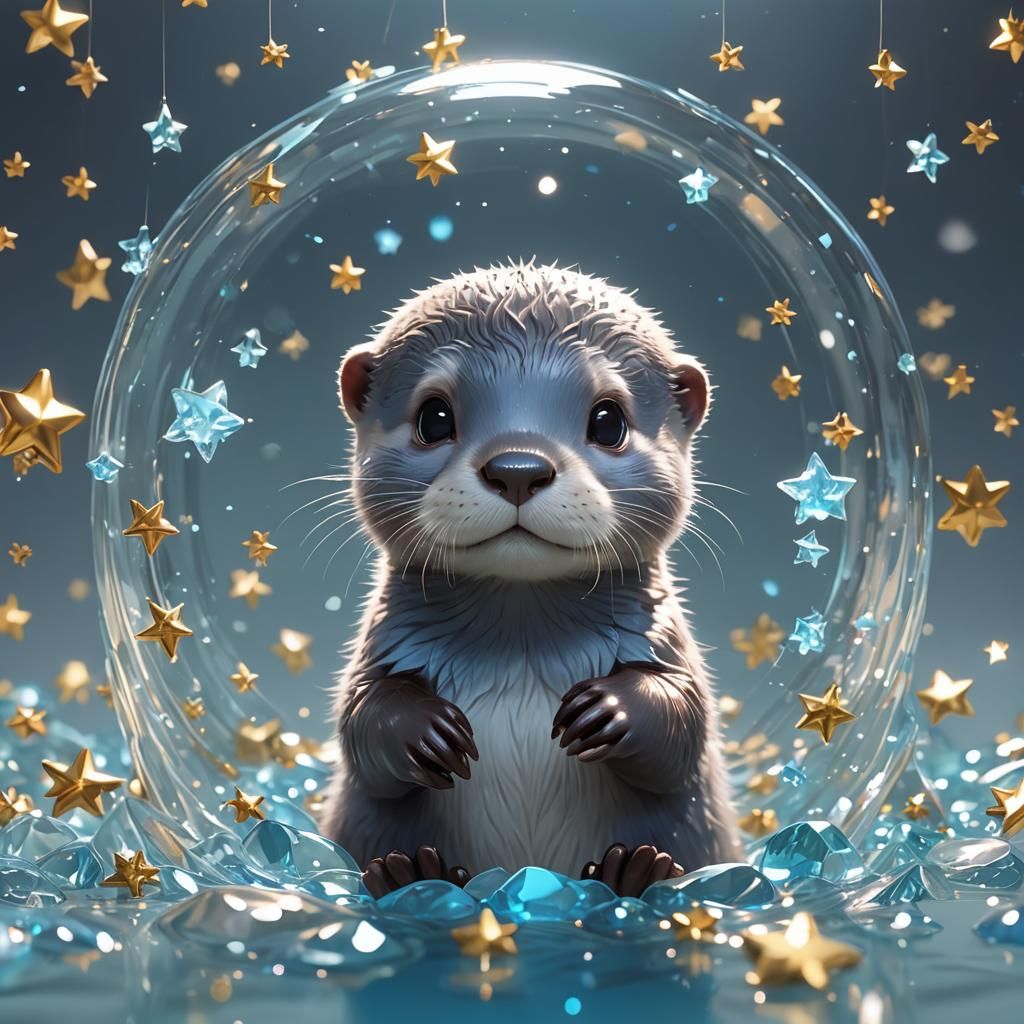 Baby Blue Otter in Anime Style with Glass Stars