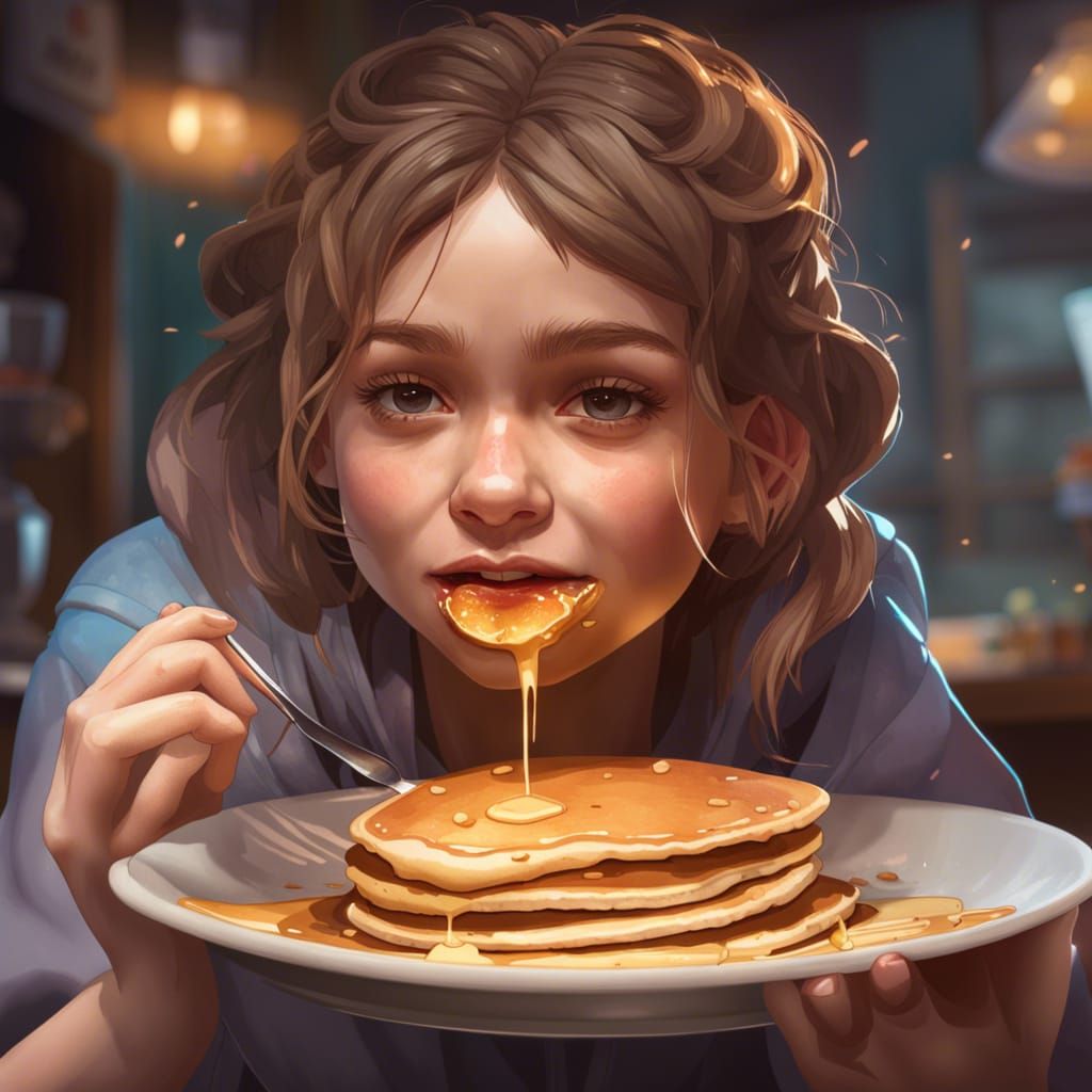 Hyperdetailed Portrait of Girl Eating Pancakes