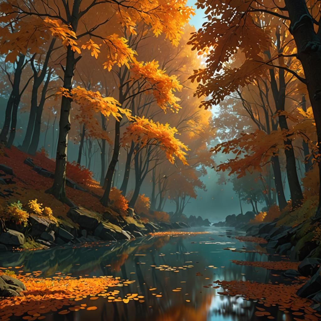 Autumnal Mist: Trees in Falling Leaves, Digital Art