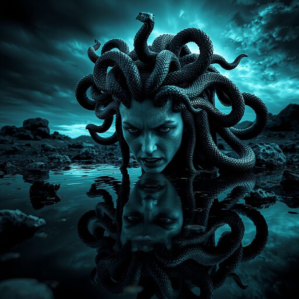 Medusa Glaring at Reflection in Cyberpunk Style