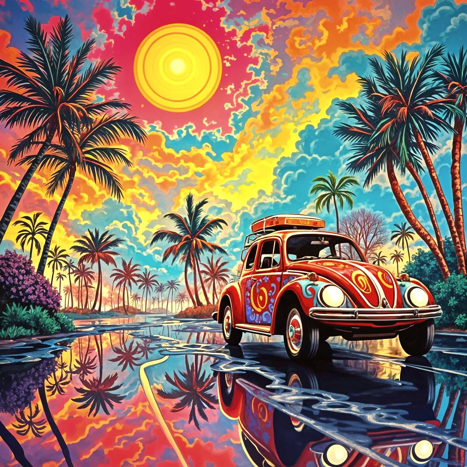 Psychedelic Volkswagen Beetle on Colorful Avenue