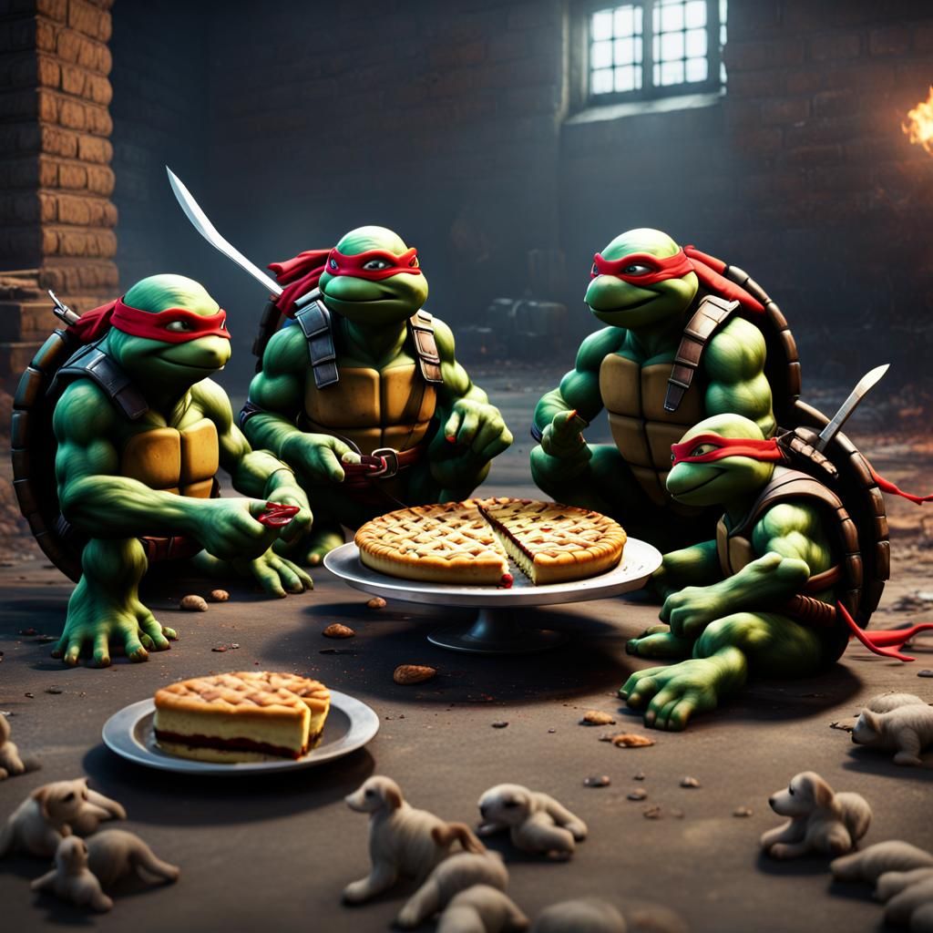 TMNT Eating Pie with Puppies: Detailed Matte Painting