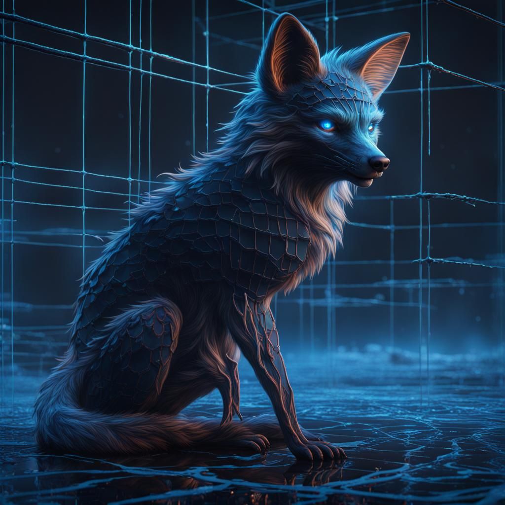 Bioluminescent Blue Grid Fox in Detailed Matte Painting