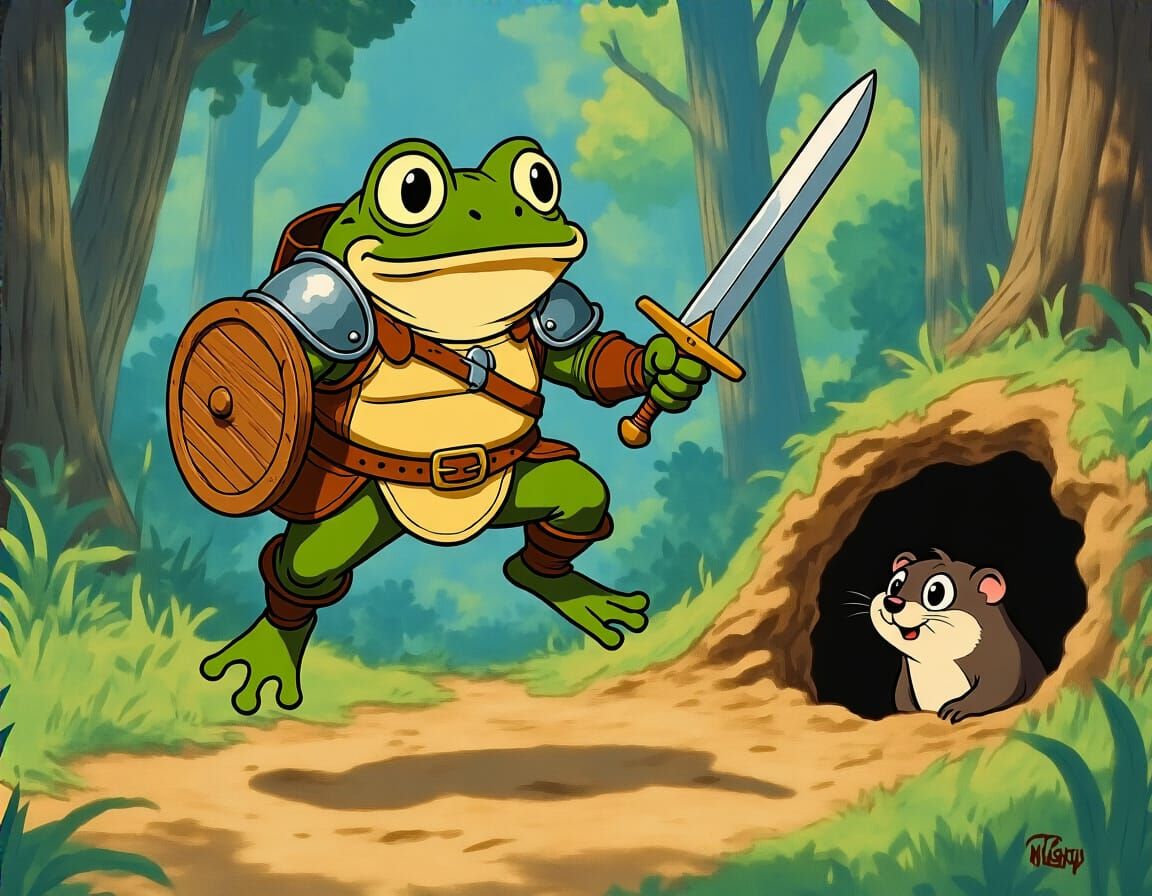 Shocked Frog Meets Mole in Retro Cartoon Style