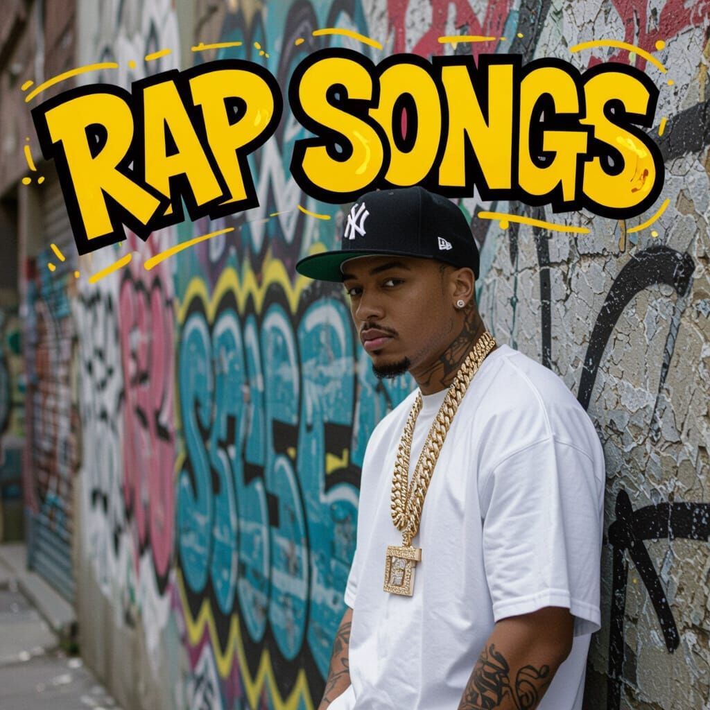 Rapper Leaning on Graffiti Wall with "Rap Songs" Floating