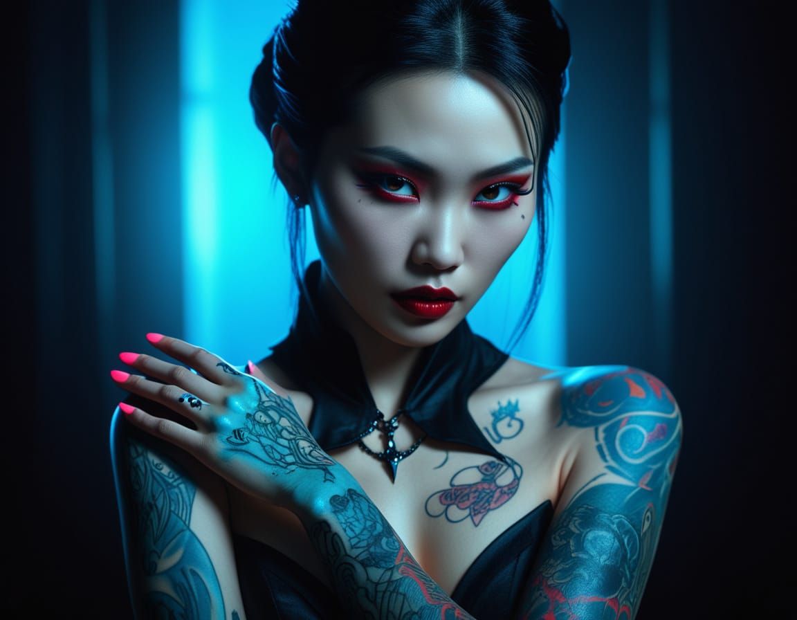 Vampire Lady with Neon Bioluminescent Tattoos and Claws