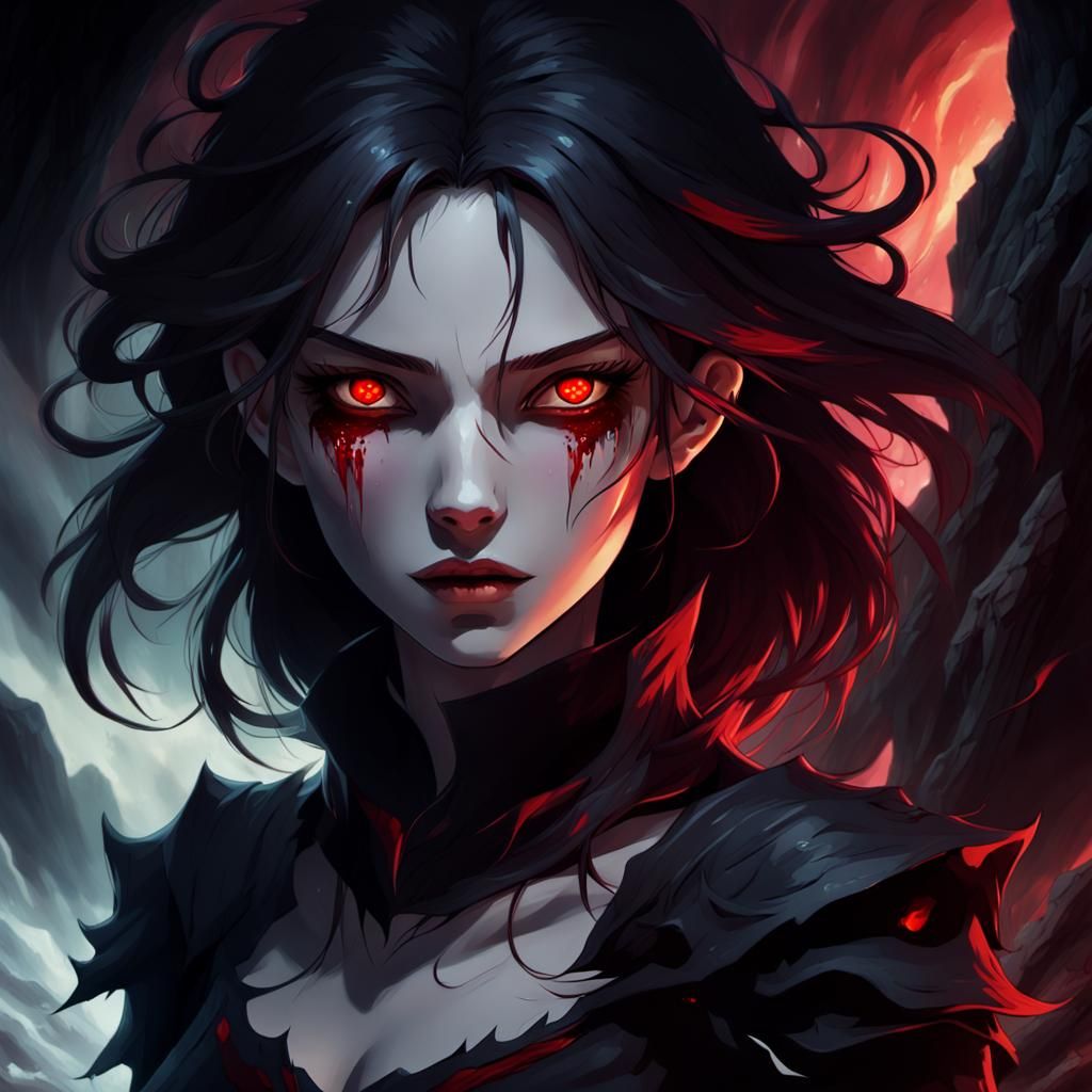 Fierce Demon Goddess Illuminated in Dark Fantasy Cave