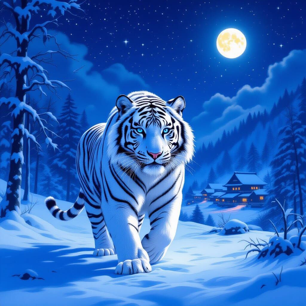 Majestic White Tiger in Snowy Forest at Night
