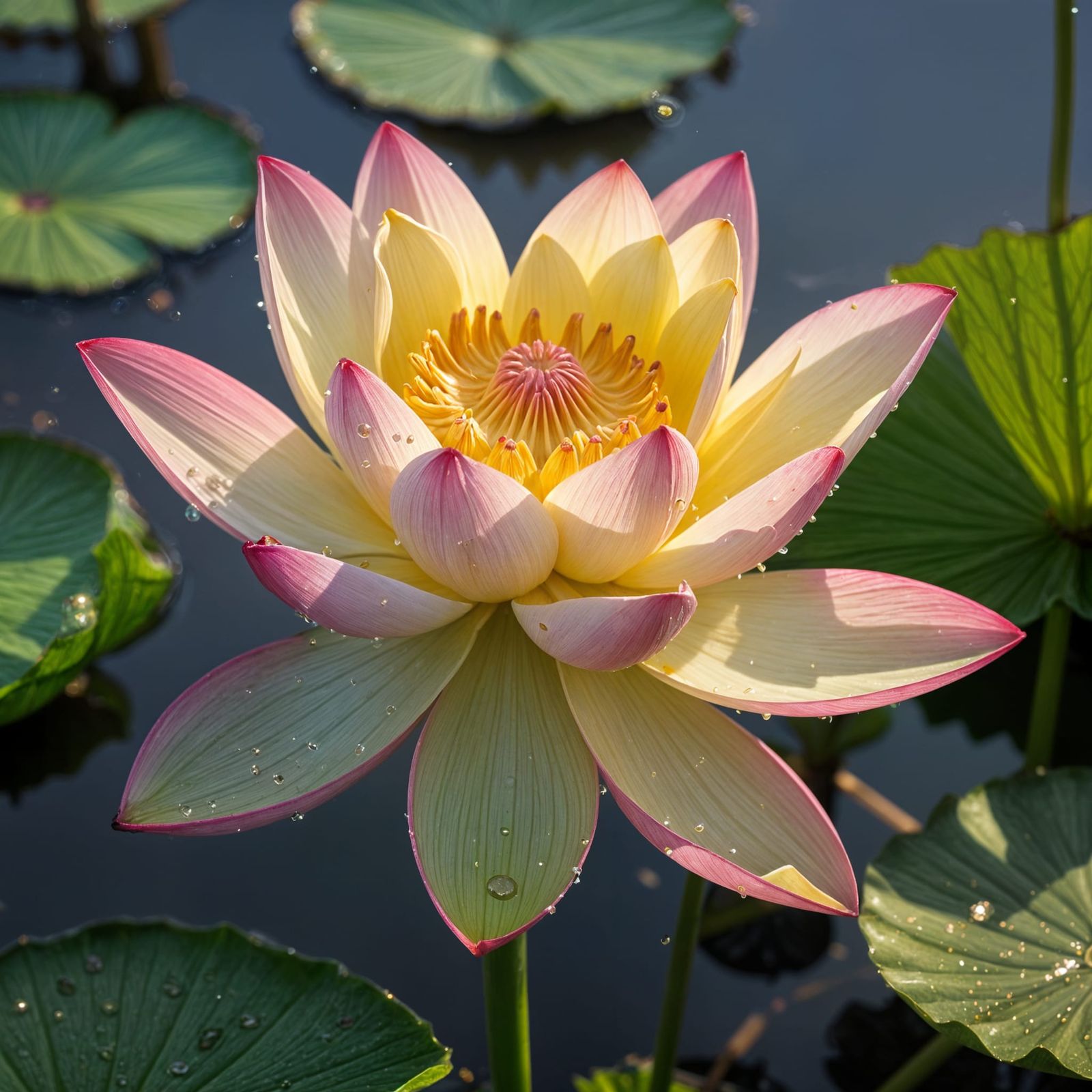 Yellow and Pink Lotus Flower with Dew