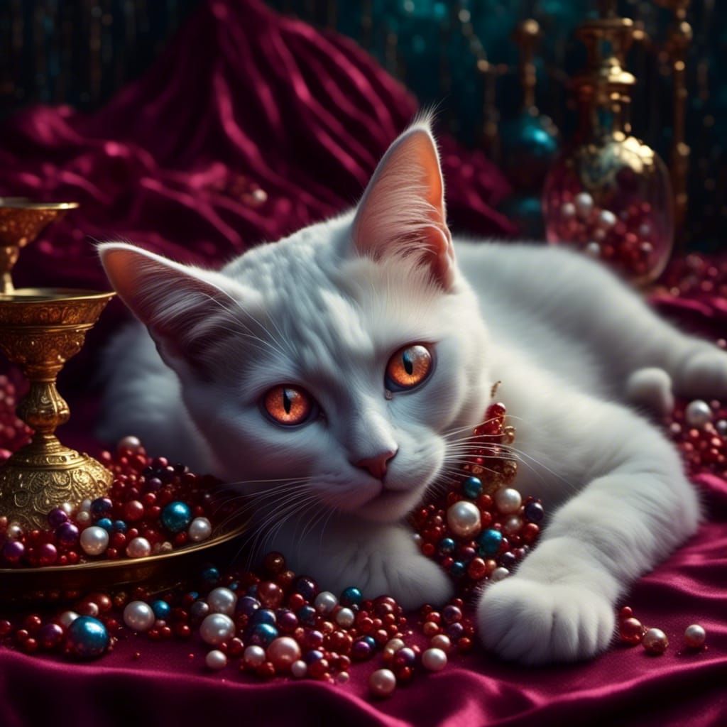 Cat in Pearls on Velvet in Impasto Style