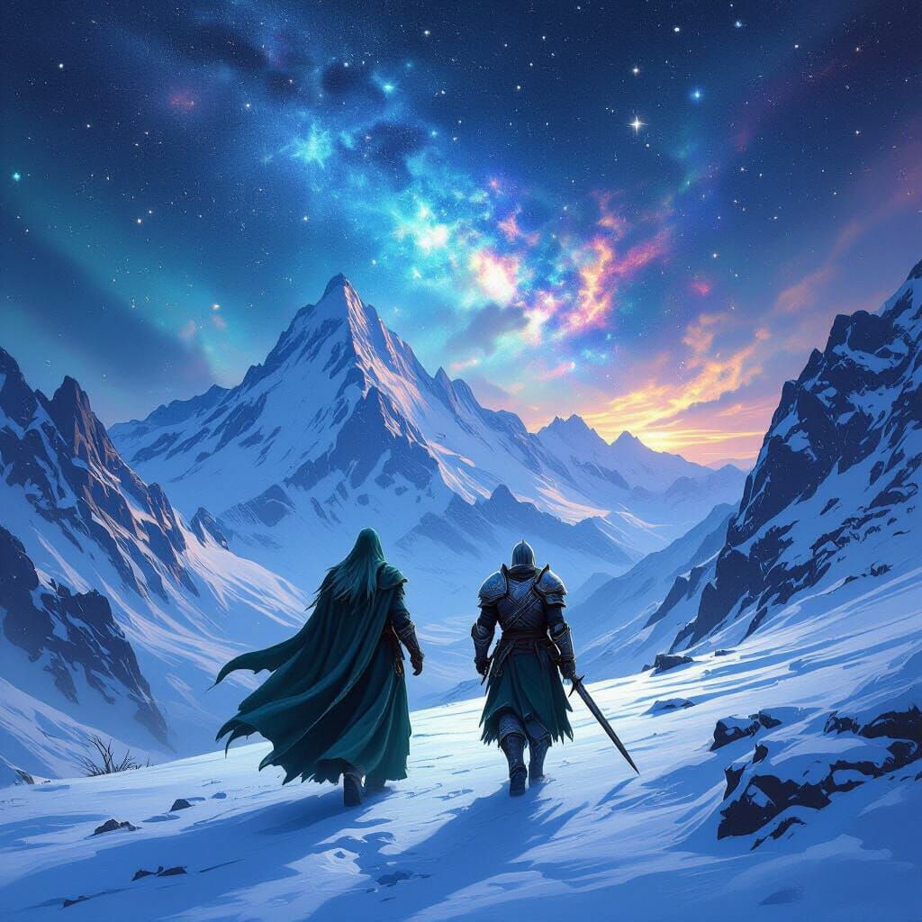 Epic Fantasy Art: Wizard and Knight Under Starry Skyrim Sky