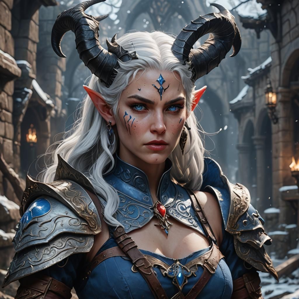 Tiefling Warrior with White Hair, Fantasy Art