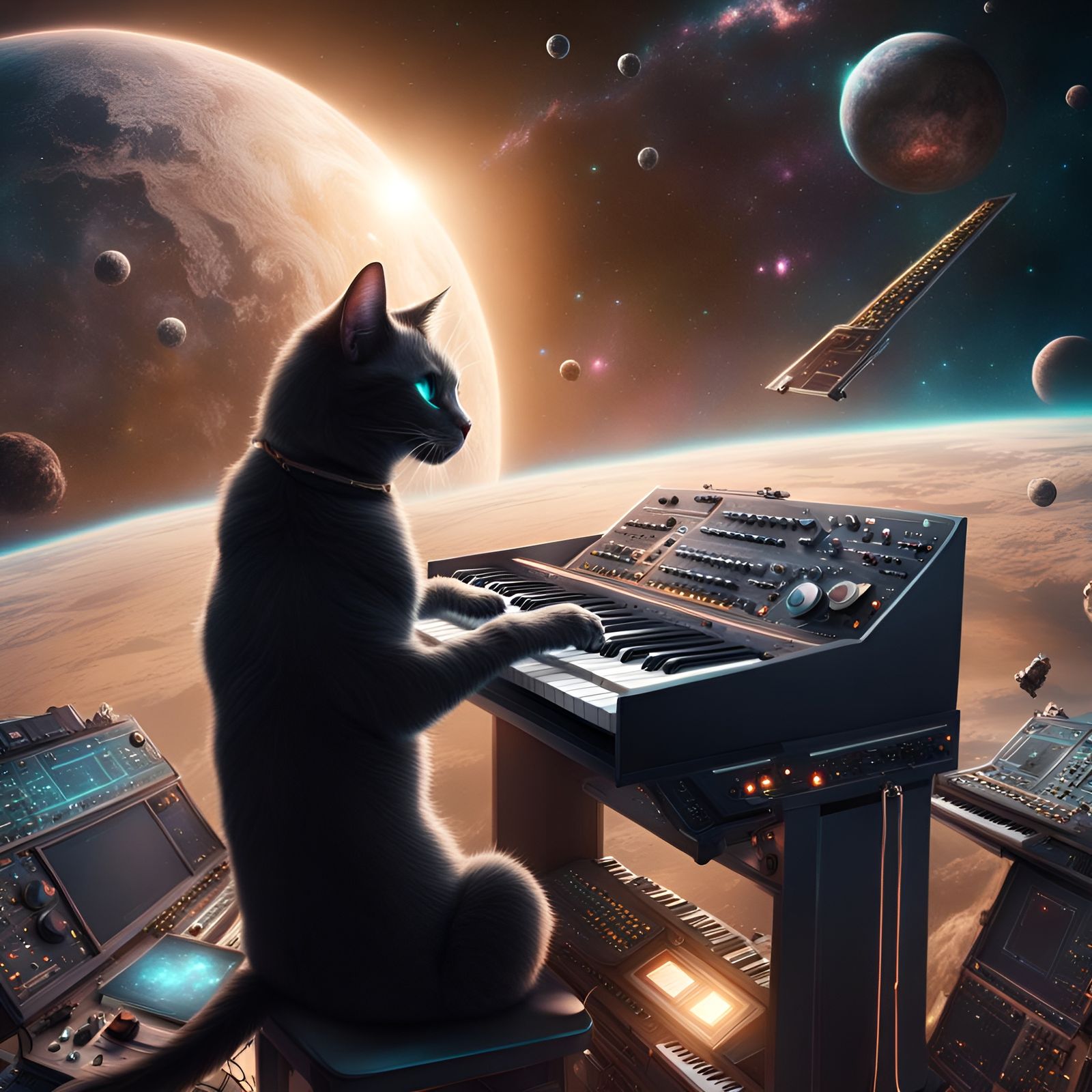 Cat Plays Synthesizer in Space: Epic Digital Art