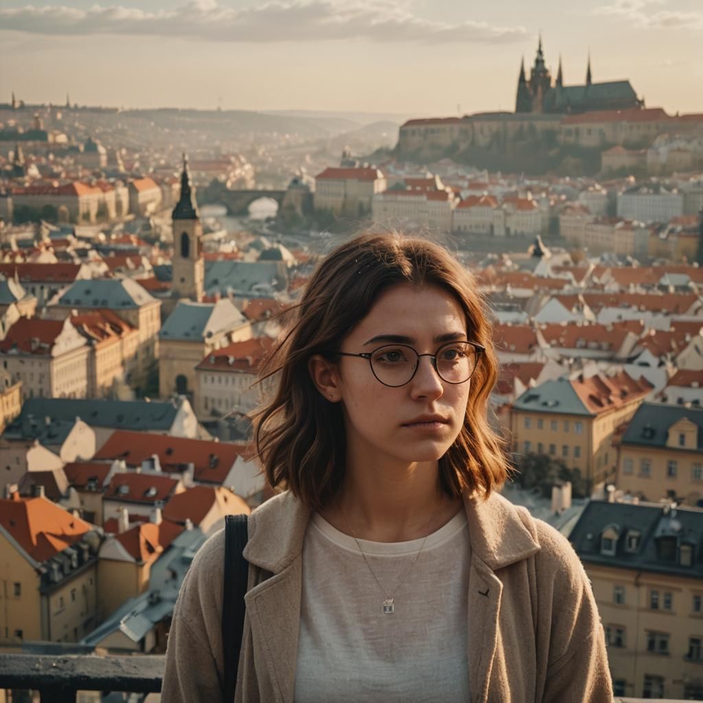 Greek Girl in Prague: Cinematic Film Still