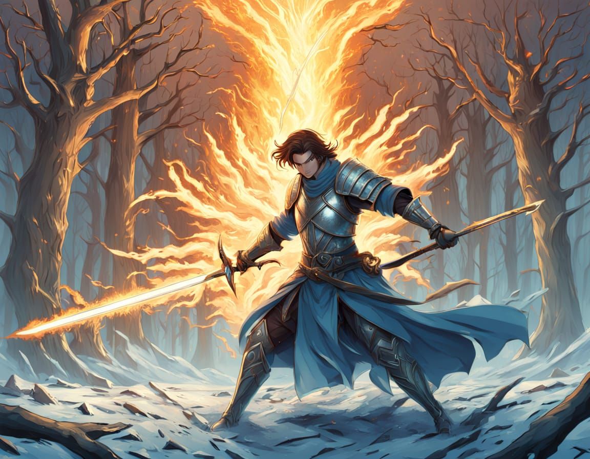 Epic Clash of Elemental Swords in a War-Torn Fantasy Landsca...