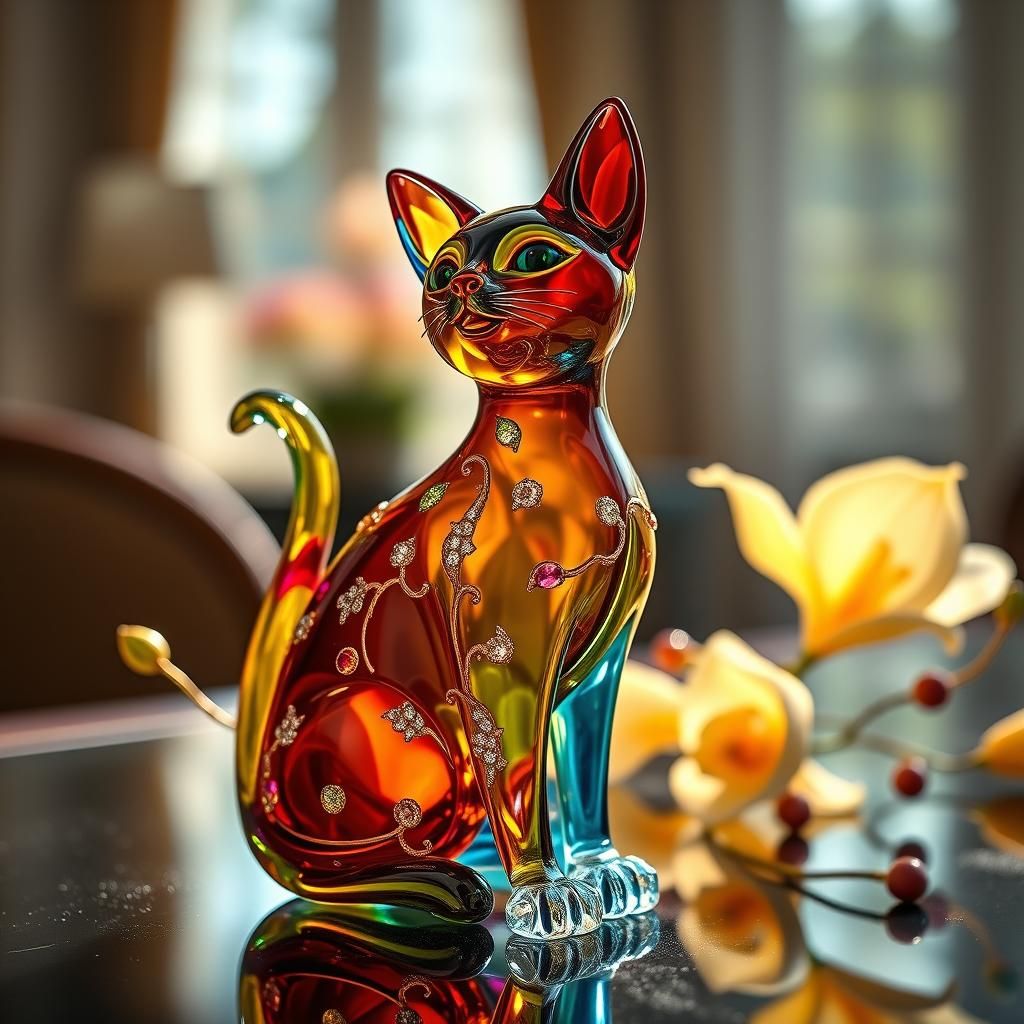 Sparkling Gemstone Cat Figurine in Warm Sunlight