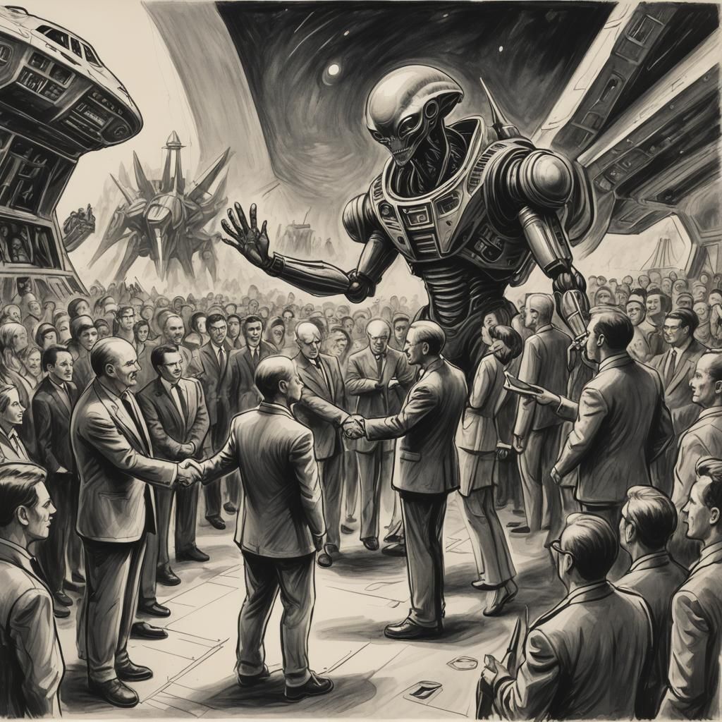 Alien Ambassador and Human Leader in Expressionist Drawing
