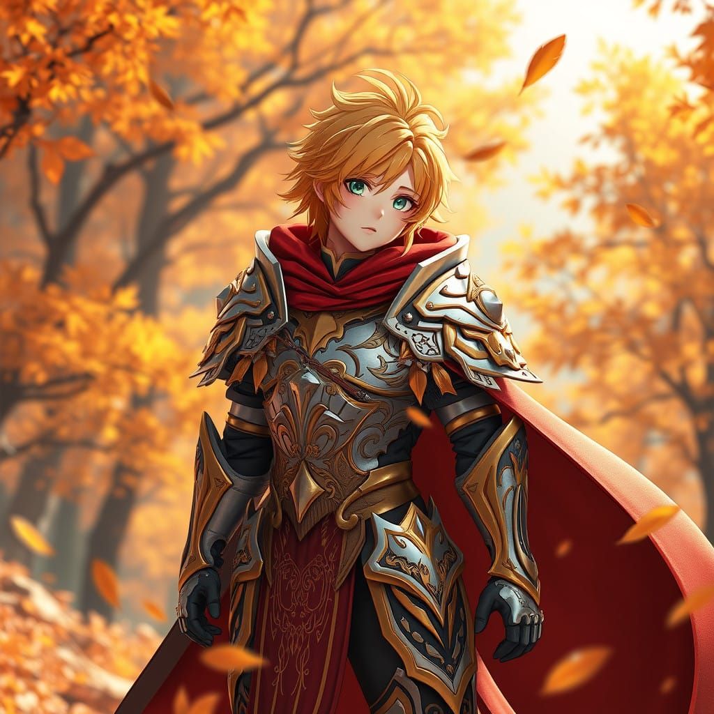Epic Autumn Knight with Vibrant Yellow Hair in Golden Armor