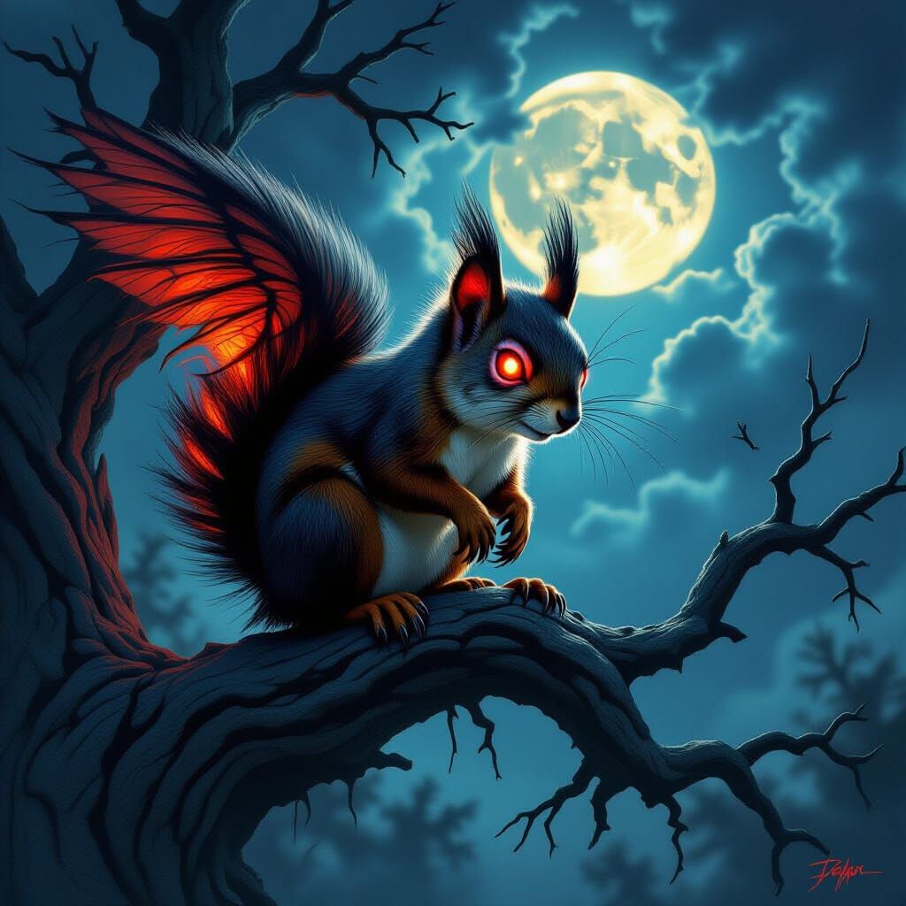 Demonic Squirrel with Glowing Eyes on Gnarled Oak Branch