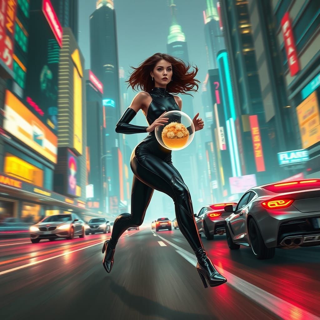 Futuristic Woman Running in Neon Space Town