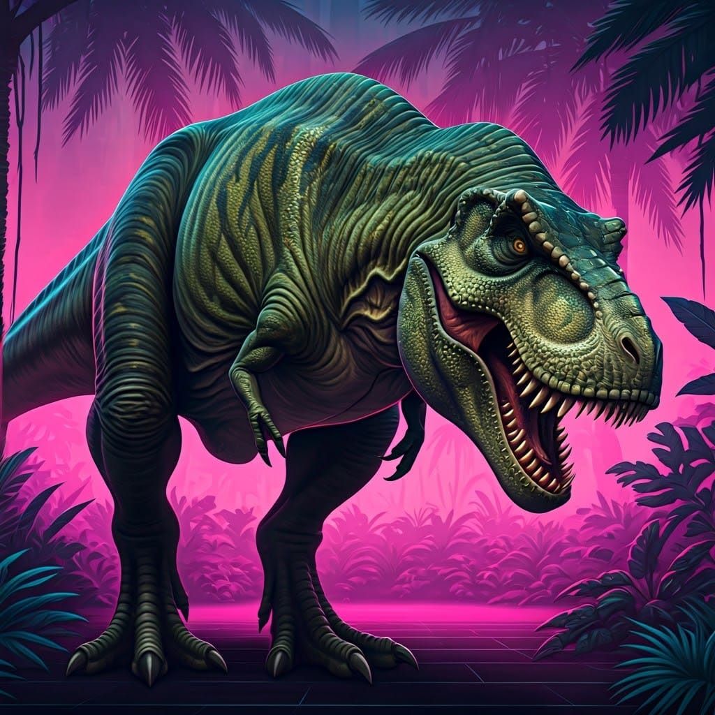 Tyrannosaurus Rex in Neon Jungle: Synthwave Aesthetic