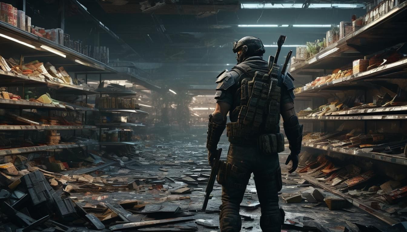 Post-Apocalyptic Warrior in Ruined Supermarket