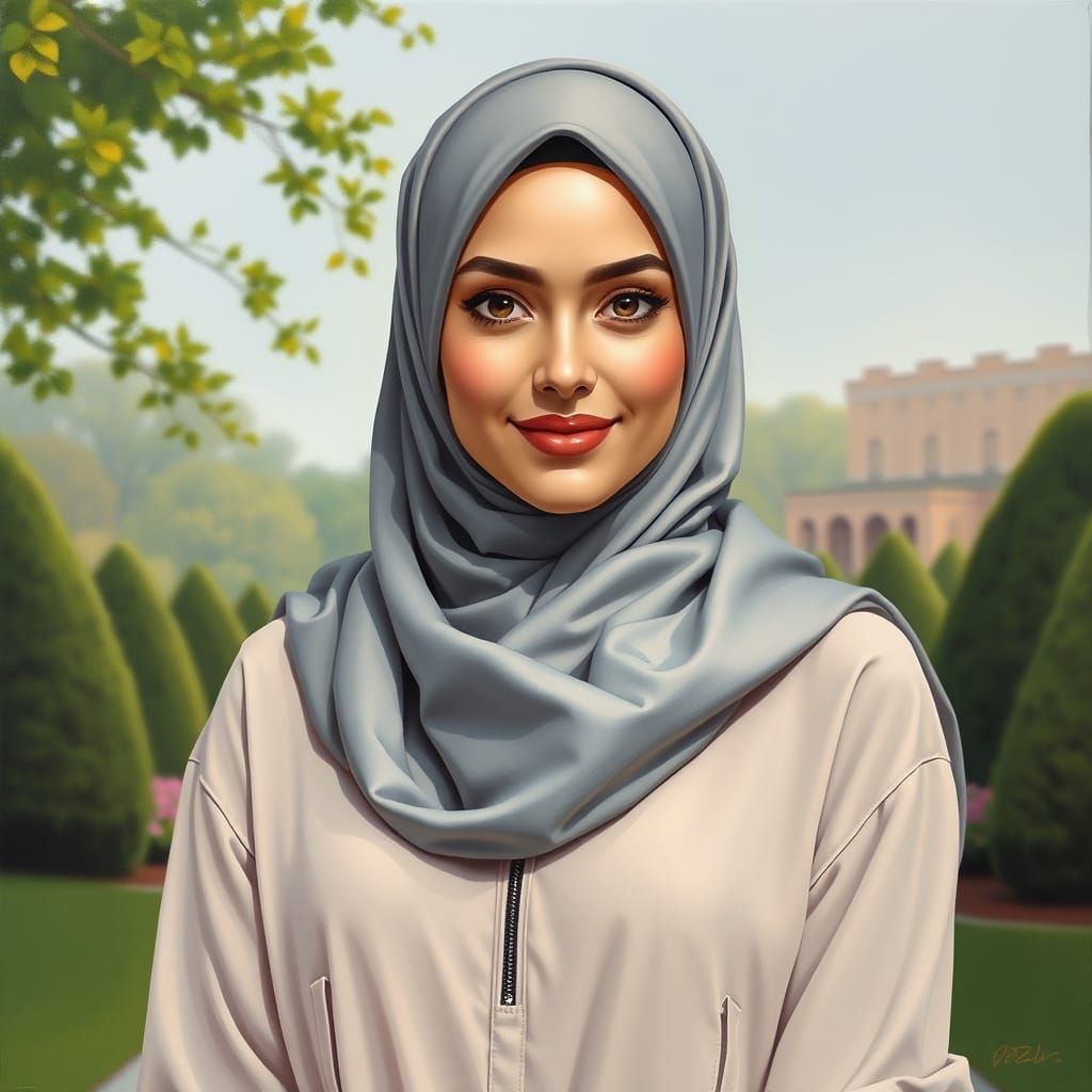 Elegant Portrait of Woman in Hijab in Oil Painting Style