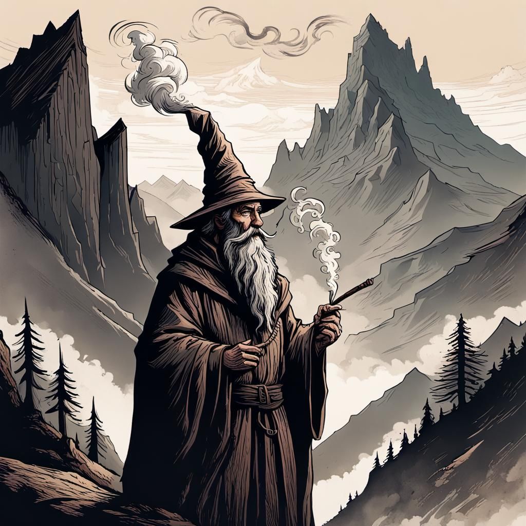 Wizard with Pipe in Woodcut Style Concept Art