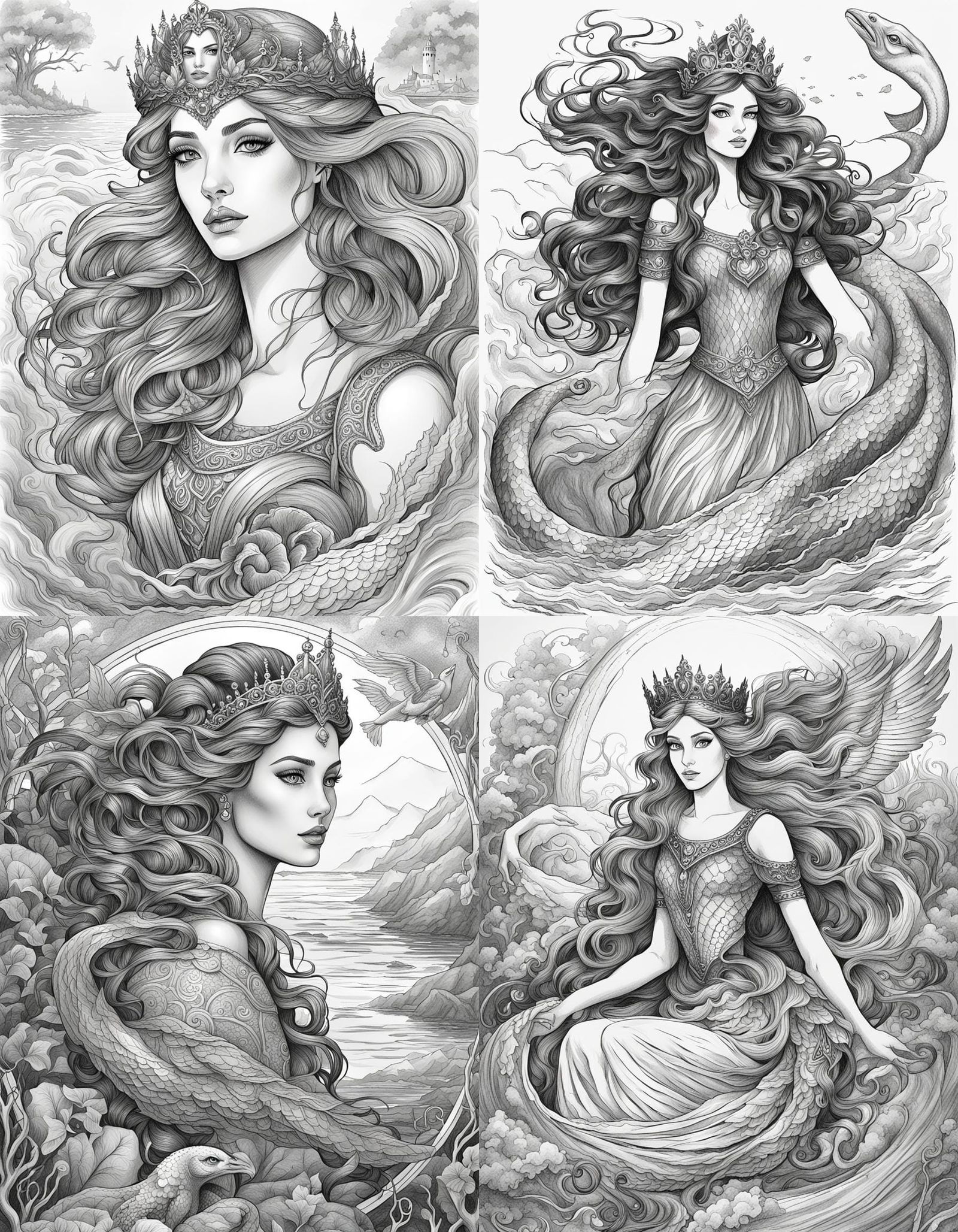 Monochrome Drawing of a Beautiful Siren Princess